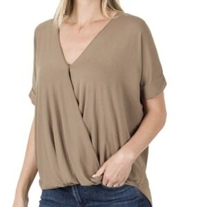 Zenana Criss Cross Layered Draped Front Hi-low Top Size Xl Mocha